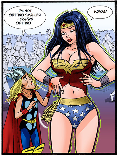 More Giantess and Shrinking Women fun as Zatanna zaps Wonder Woman with a g...